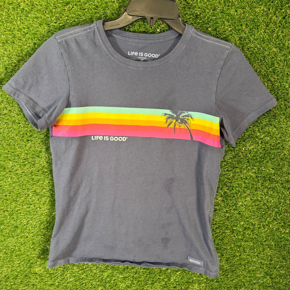 Life Is Good Crusher Women's Small Palm Tree Rainbow Graphic T-Shirt Gray